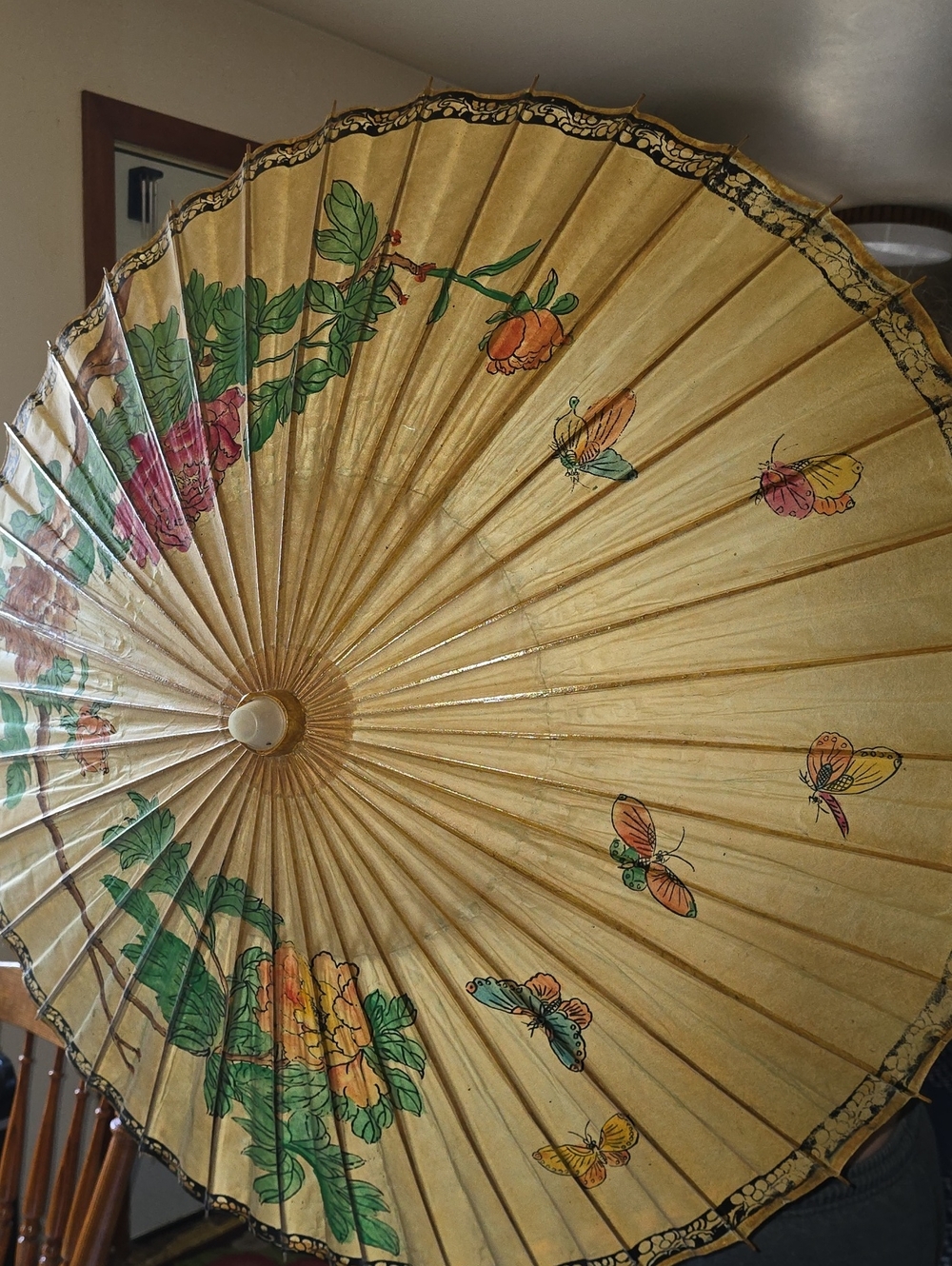 Hand-Painted Asian Paper Parasol with Butterflies and Floral Motif
